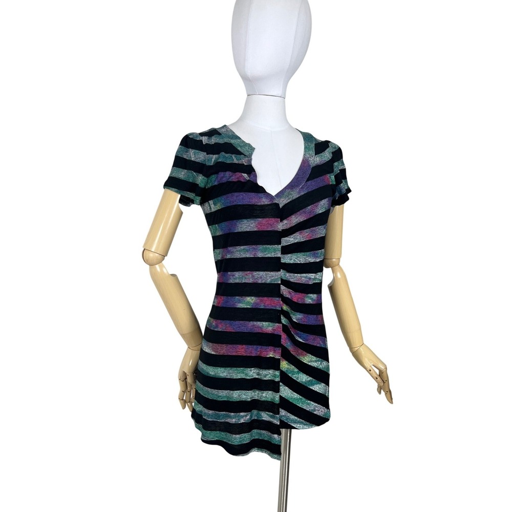 Y2K Striped T-Shirt Dress Asymmetrical Ruched Mini Black Purple Green Watercolor